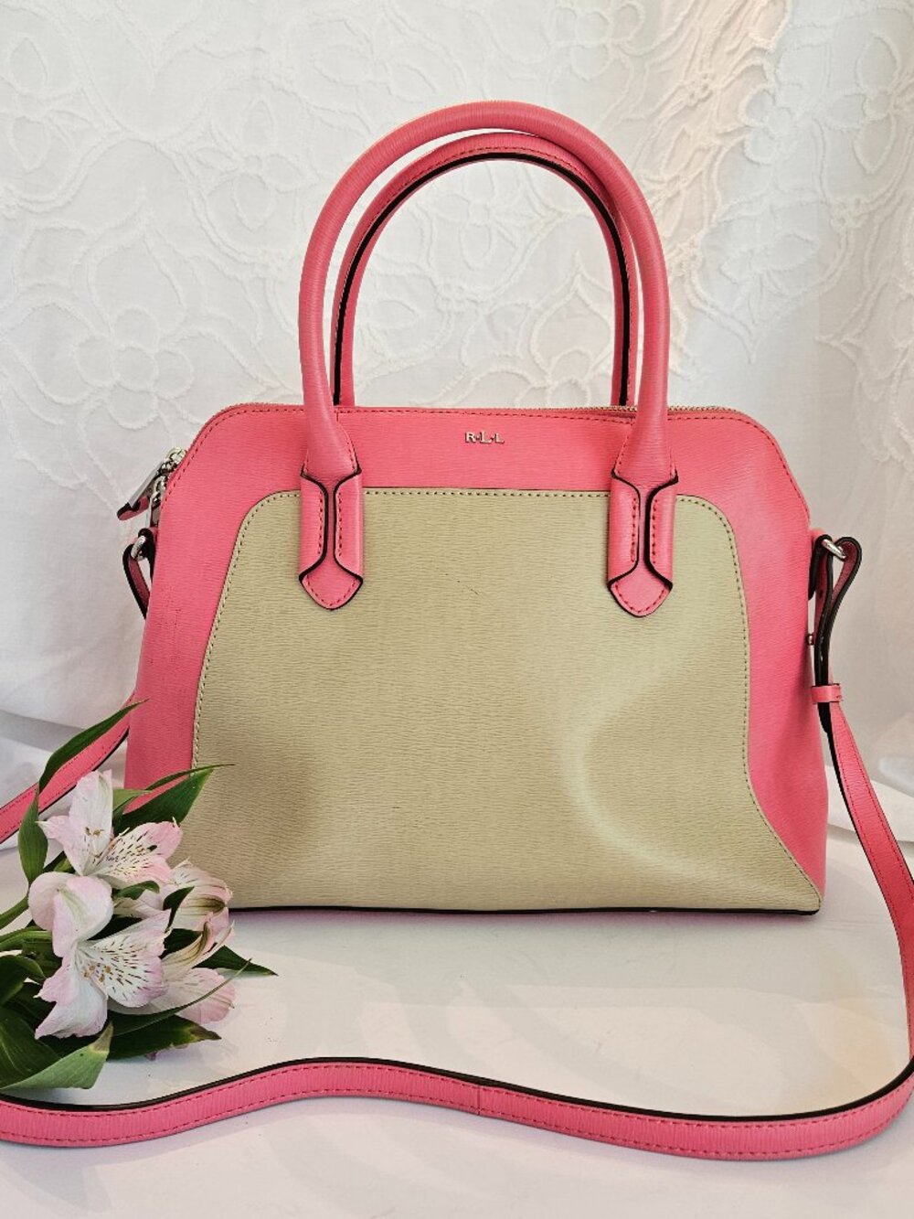 Lauren Ralph Lauren Tate Dome Crossbody Satchel Beige Pink Leather Bag